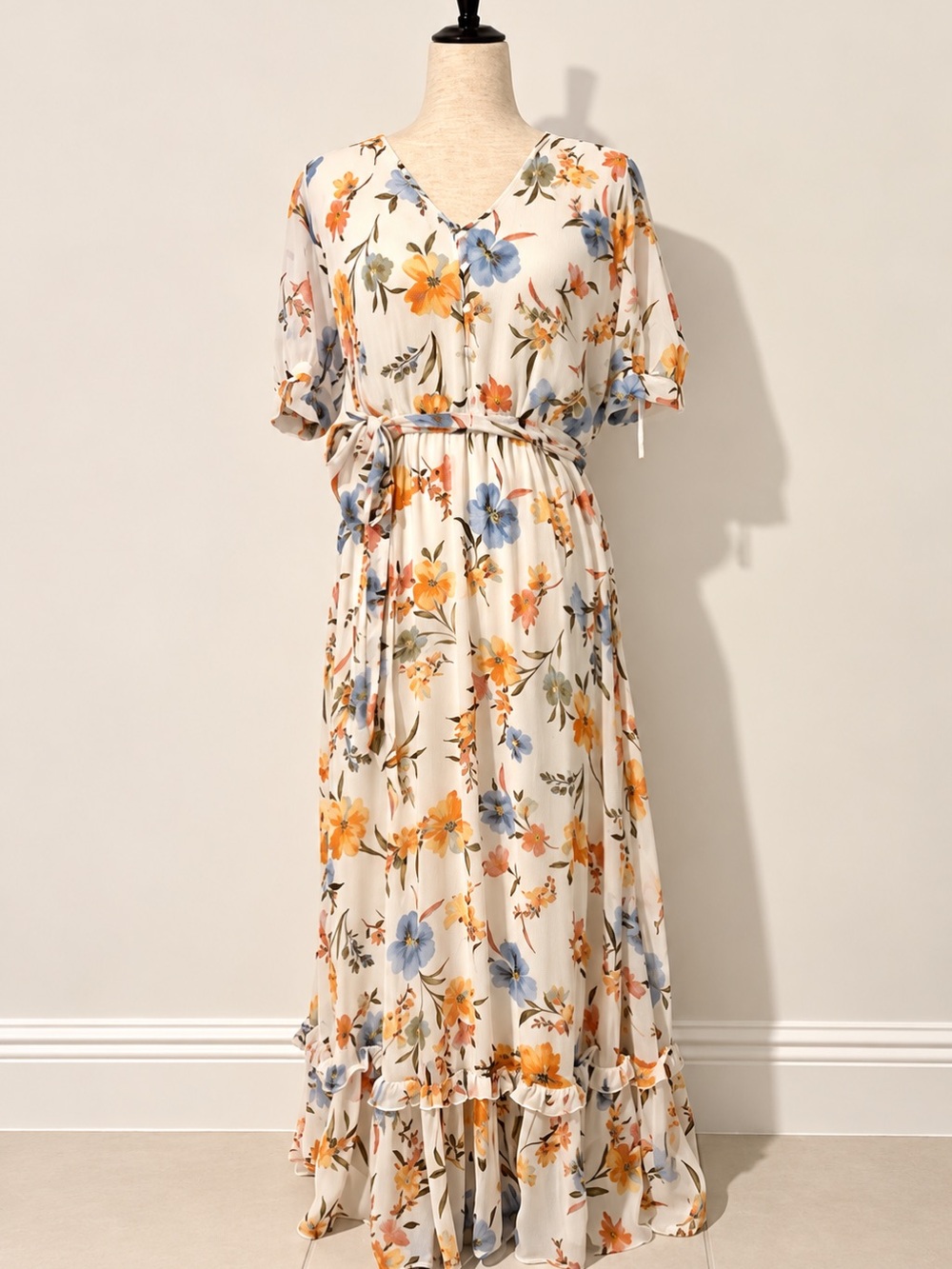 Calvin Klein Floral Maxi Dress in Ivory with Blue & Orange Blooms